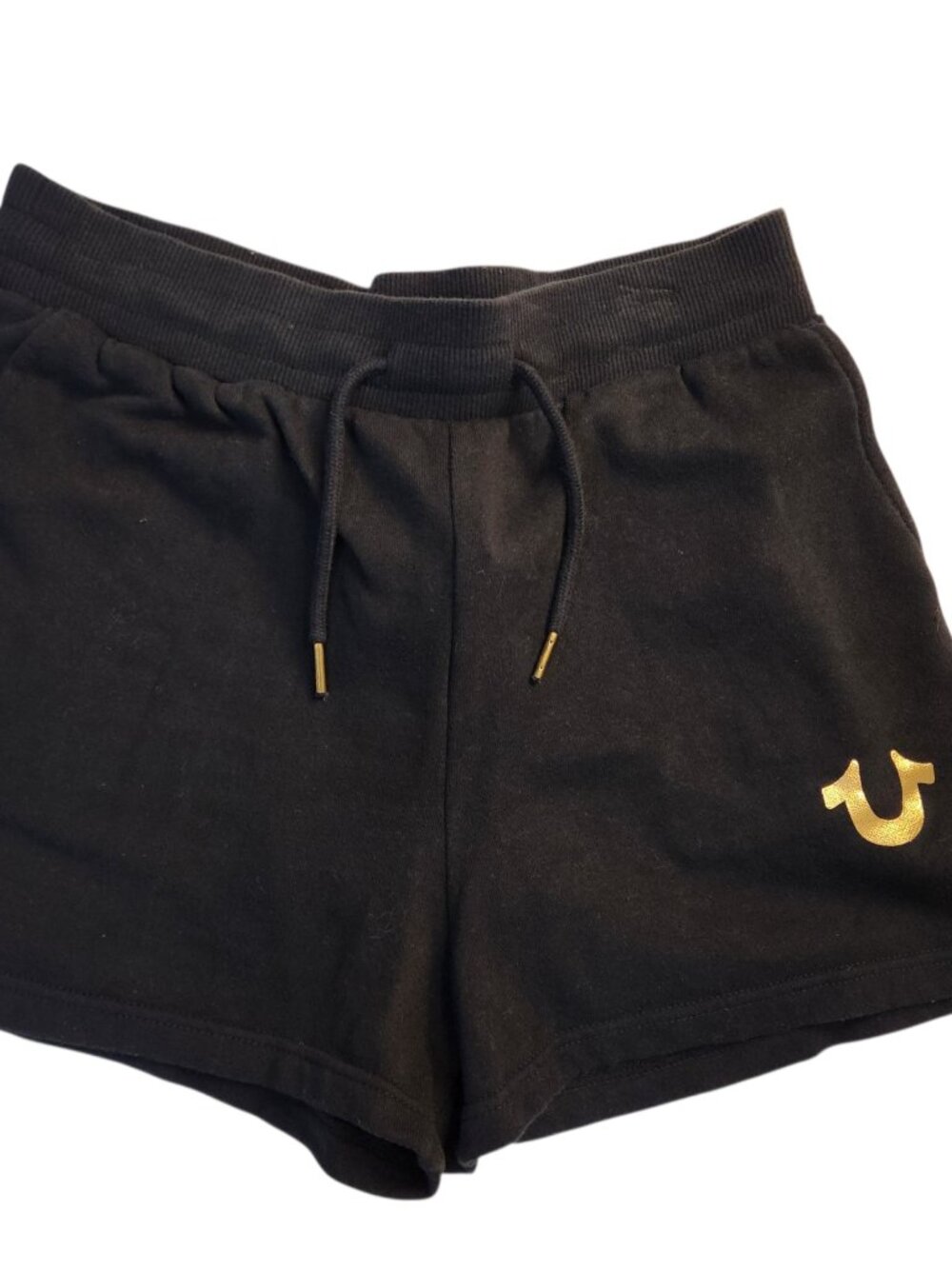 True Religion Sweat Shorts Size S Black Gold Metallic Logo Drawstring Comfy